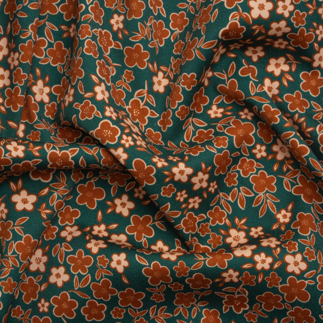 1 Yard Stretch Cotton Twill Print Teal Rust and Peach Floral September Sprouts